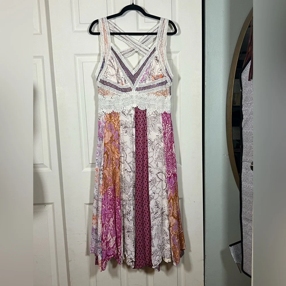 Anthropologie Sleeveless V Neck Patchwork Boho Maxi dress in pink combo, size 12 - Picture 5 of 11